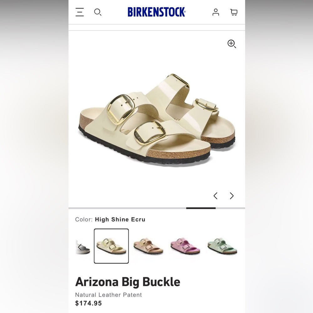 Birkenstock Arizona Big Buckle Sandals in High Shine Ecru, Size 38